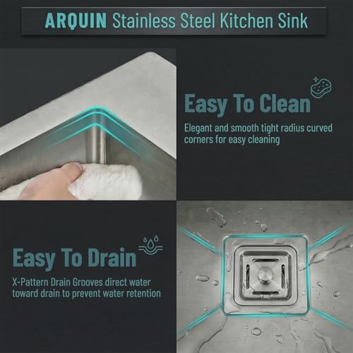 Image of ARQUIN Kitchen Sink 21x18x10 Inch Handmade Matt Finish Single Bowl 304 Grade Stainless Steel Kitchen Sink /Basin For Kitchen With Square Drainer and SS Fruit Basket