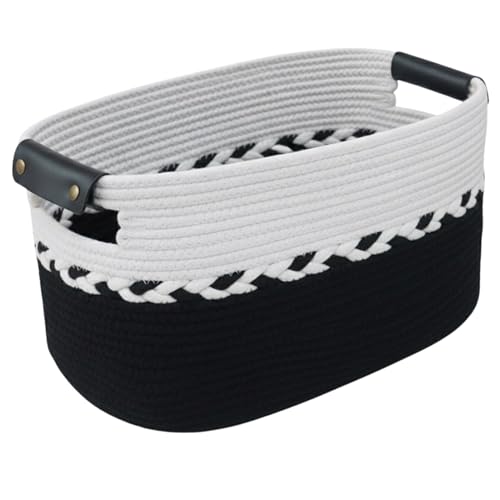Aeknor Storage Baskets for Shelves, Woven Baskets for Towels, Toys and Blankets. Decorative Cotton Rope Organiser for Cupboard Storage, Books and Laundry with matching handles, 1-Pack (Black). - Cosy Home Interiors Aeknor Storage Baskets for Shelves, Woven Baskets for Towels, Toys and Blankets. Decorative Cotton Rope Organiser for Cupboard Storage, Books and Laundry with matching handles, 1-Pack (Black).