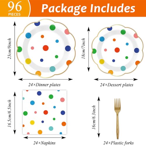 Image of 96 Pcs Colorful Birthday Plates and Napkins Colorful Polka Dots Party Supplies Rainbow Dots Tableware Table Decorations Confetti Plates Napkins Rainbow Party Favor for Baby Shower Wedding 24 Guests