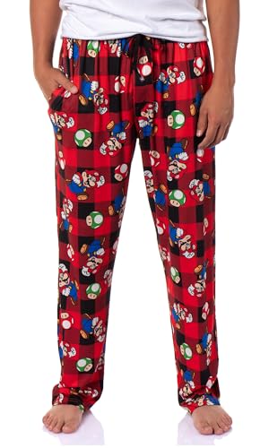 Super Mario Men's Buffalo Plaid Mario Power Up Adult Lounge Sleep Pajama Pants with Drawstring Elastic Waistband