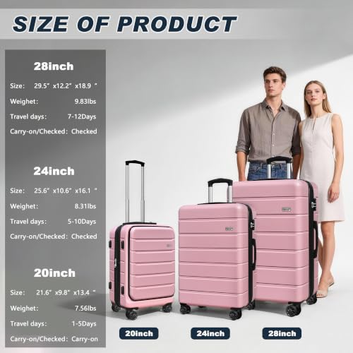 Image of KEYTANG SmileLine 3-Piece Luggage Set Lightweight Hardside Suitcase TSA Lock Spinner Wheels, 20 inch Expandable Carry-On Luggage with Quick Access Front Open Pocket, Bonus Makeup Bag,Pink