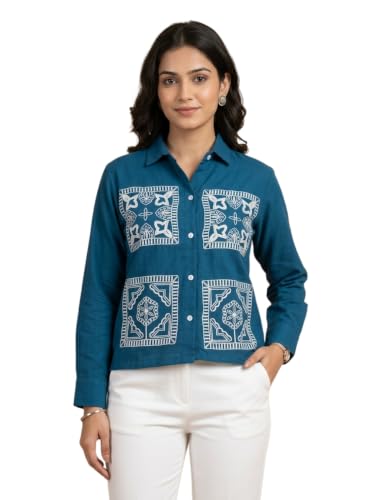 Image of Stylish Women's Embroidered Shirts | Geometric Pattern Half Sleeve Collared Button-Up Casual Shirt for Women
