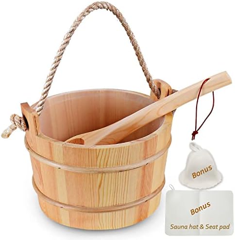 Bestnewie Finnish Pine Wood Sauna Bucket with Ladle Handmade Wooden Sauna Bucket Sauna Spa Accessory - 5 Liter (1.3 Gallon) Sauna Bucket with Felt Sauna Hat and Sauna Seat Pad