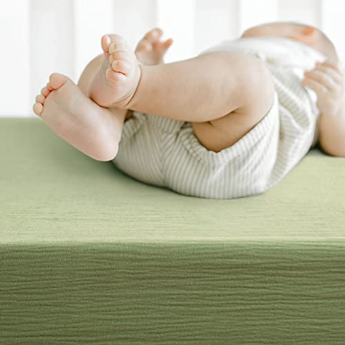 Image of GRSSDER Soft Muslin Crib Sheet 1 Pack, 100% Cotton Crib Sheets with Deep Pocket for Boys and Girls, Fit Standard Crib Mattresses 52 inch x 28 inch Safe and Snug, Olive Green