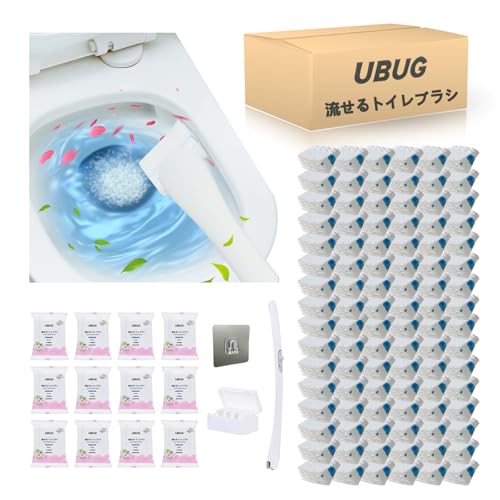 【まとめ買い】UBUG 流せるトイレブラシ トイレ掃除 ブレンドフローラルの香り 本体+付け替え96個 (本体付属64個+付替品32個) + 収納ボックス+フック付き(2個) トイレ洗剤 トイレブラシ 使い捨て 洗剤 汚れが落ちる 衛生 清潔 掃除道具 (