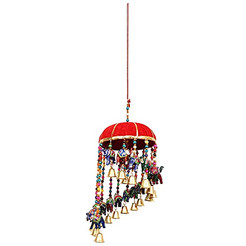 Image of Anupam Traditional Rajasthani Handicrafts Handmade Red Color Decorative Elephant Umbrella Wall & Door Hangings with Beads & Brass Bell Strings for Home Decoration & Gifting Purpose