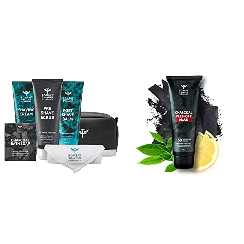Image of Bombay Shaving Company Premium Shaving Kit for Men | Pre shave scrub, Shaving Cream, Post Shave Balm, Charcoal Soap, Towel, Shaving Kit Bag - 100g