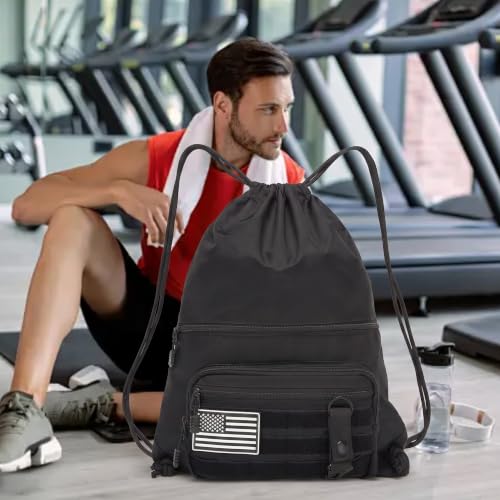 Image of seyfocnia Drawstring Backpack Tactical String Bag with Zipper Pockets Waterproof Cinch Bag Sport Gym Sackpack - Black