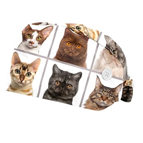 Lot de 2 bonnets de travail réglables avec bouton, bandeau en coton, bandeau élastique pour homme et femme, neuf têtes de chat regardant vous Cover
