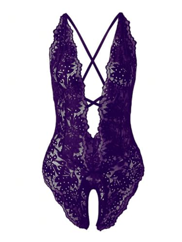 Image of SOLY HUX Women's One Piece Lingerie Sexy Lace Babydoll Deep V Teddy Criss Cross Backless Teddy Mini Bodysuit