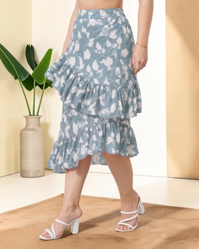 Image of OOMPH! Women Floral Printed Asymmetric Ruffled Midi Skirt | Elegant Flowy Fit | Mid-Rise | Lightweight & Breathable | Flared Hem | Summer Casual Skirt