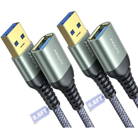 AINOPE 2 Pack USB Extensions Cable High Speed USB 3.0 Extension Cord Type A Male to Female Sturdy Braided Material Fast Data Transfer Compatible with USB Keyboard,Mouse,Flash Drive,Grey,6.6FT+6.6FT Cover