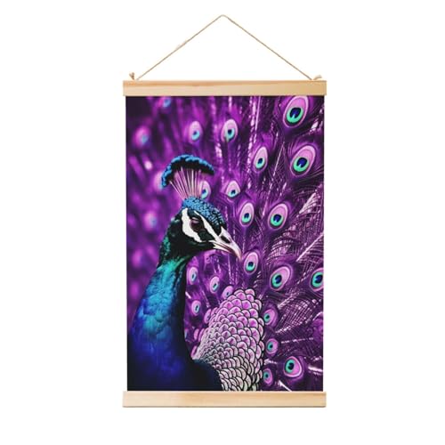 Peinture murale paon violet sur toile 91x61 cm avec cadres en bois