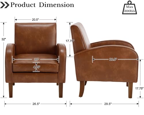 Image of LIVINOVA Brown Faux Leather Accent Chairs Set of 2, Mid Century Modern Upholstered Arm Chairs with Wooden Legs, Comfy Reception Office Club Reading Side Lounge Chair for Living Room Bedroom