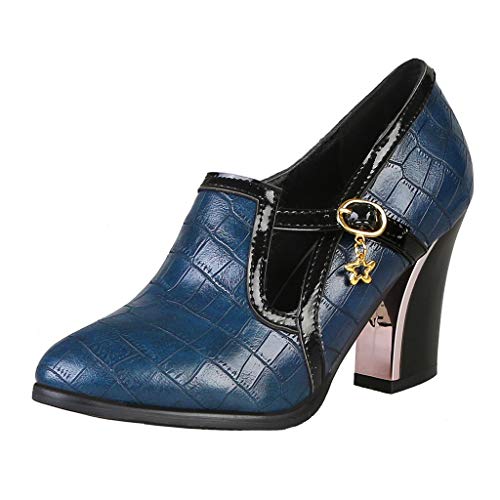 MIOKE Women's Fashion Round Toe Pump Oxfords Buckle Slip On Platform Chunky High Heel Uniform Dress Shoes