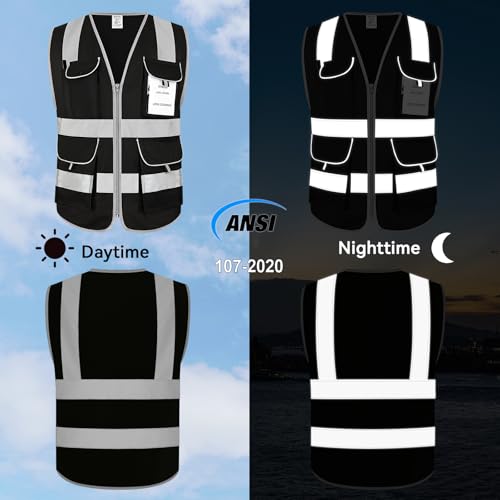 Uno Mejor 9 Pockets Full Zip Black Safety Vest, Class 2 High Visibility Work Vest for Construction, Utility Workers, Meets ANSI/ISEA Standard, Large