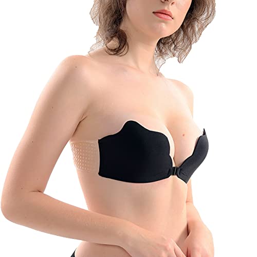 Ruzixt Women s Strapless Backless Sticky Adhesive Bra Deep V-Shaped Sticky Bra Push-up Self Adhesive Bras for Women Invisible Adheisve Wings (D, Black)