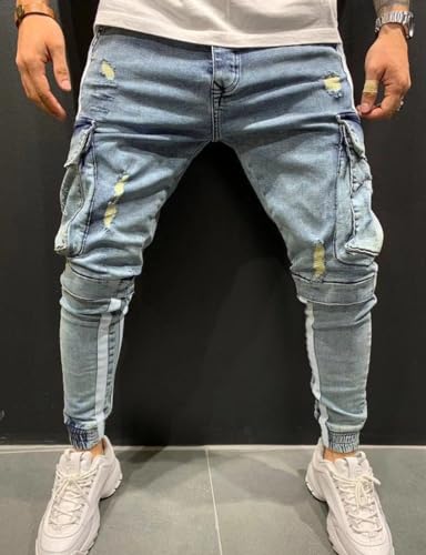 IDEALSANXUN Mens Cargo Slim Fit Skinny Ripped Jeans Striped Denim Pants2