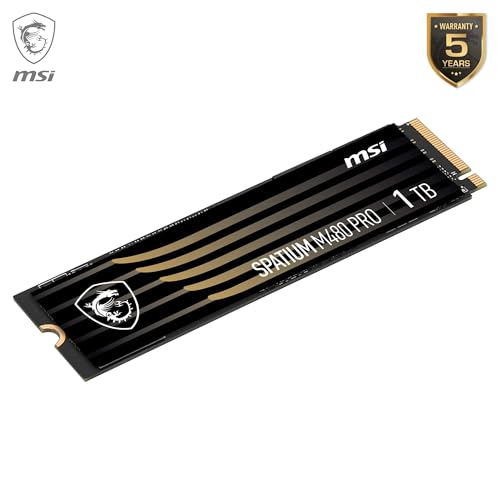 MSI SPATIUM M480 Pro PCIe 4.0 NVMe M.2 1TB - Disque SSD Interne 1 to, PCIe 4.0 NVMe M.2, Lecture 7400 MB/s & Écriture 6000 MB/s, 3D NAND, Sécurité des Données Intégrée, Garantie 5 Ans (700 TBW)