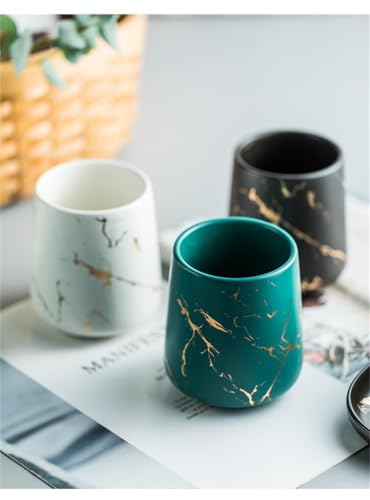 Image of Ceramic Bath Accessories Set of 3 (Luxe White) - 400ml Soap Dispenser, Tumbler & Soap Dish, White with Gold Marble Design, Bathroom Countertop Organizer for washbasin