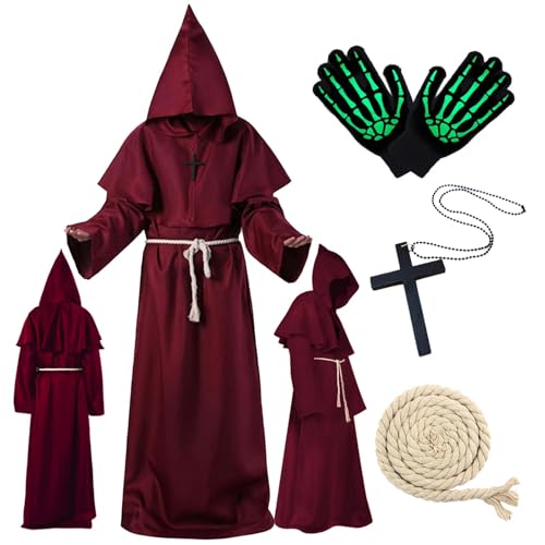 Ligtmor Disfarce de pijama de Halloween, roupas médias com capuz, inclui colar com pendente cruzado, cinto, luvas e autocolantes, Halloween para adultos para festas de carnaval (vermelho, XL)
