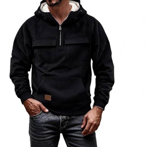 Fleece Hoodie Men Faux Suede Fleece Lined Quarter Zip Hoodies with Pockets - image 1