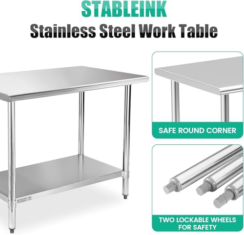 Image of STABLEINK NSF Stainless Steel Table 36x30 Inches, Metal Prep & Work Table with Adjustable Undershelf, for Commercial Kitchen, Restaurant, Hotel, Laundry and Garage