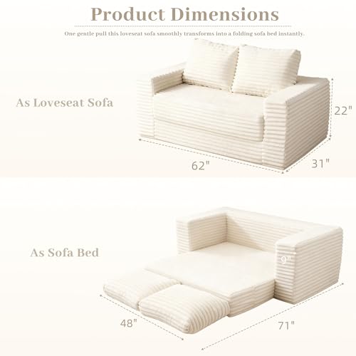 Image of HABUTWAY 62 inch Small Boneless Couch,3-in-1 Convertible Folding Sofa Bed, Corduroy Loveseat Sofa Bed w /2 Pillows for Living Room /Guest Room No Assembly Required, Beige