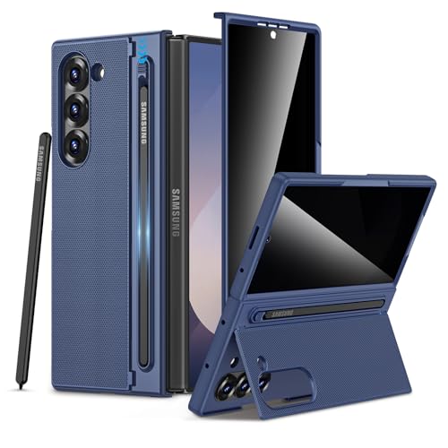 Maxdara for Samsung Z Fold 6 Case, with S Pen Slot & Privacy Tempered Glass Screen Protector & Hidden Kickstand, Support Wireless Charging Phone Cover for Galaxy Z Fold 6 5G, Blue (Privacy Screen)