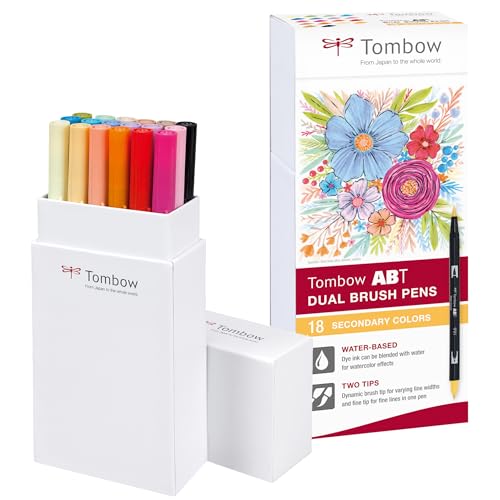 Tombow ABT-18P-2 Lot de 18 Feutres pinceau à 2 pointes, couleurs secondaires, étui