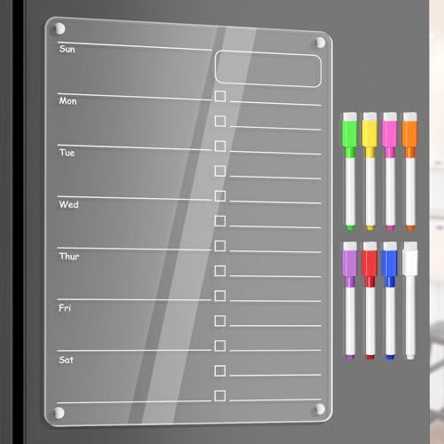 Acrylic Meal Planner Magnetic Menu Board for Kitchen Fridge Planning Board Grocery to Do List Shopping List w/ 8 Markers, Clear Weekly Calendar for Refrigerator Dry Erase Board, 12x9’’