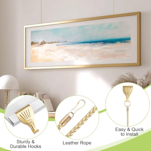Image of Picture Hanging Kit 10Pcs Picture Rail Hooks with 10Pcs PU Leather Cord, Picture Display Hanging System for Wall Picture, Exhibition(Gold PU Cord, 30CM)