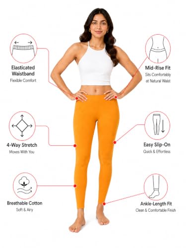 Image of Women's Cotton Lycra Ankle Length Leggings | Regular Rise, Soft 4 Way Stretch Fabric | Casual & Ethnic Wear