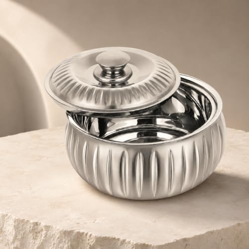 Image of CLASSIC ESSENTIALS Tripot Double Wall Insulated Stainless Steel Lotus Casserole 1500 ml | Hot Pot Food Storage & Serving Container | Thermal Belly Casserole for Roti, Rice, Dal, Curry & Meals