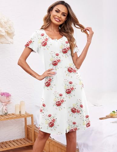 Image of Ekouaer Women's Nightshirt Short Sleeve Button Down Nightgown V-Neck Sleepwear Pajama Dress