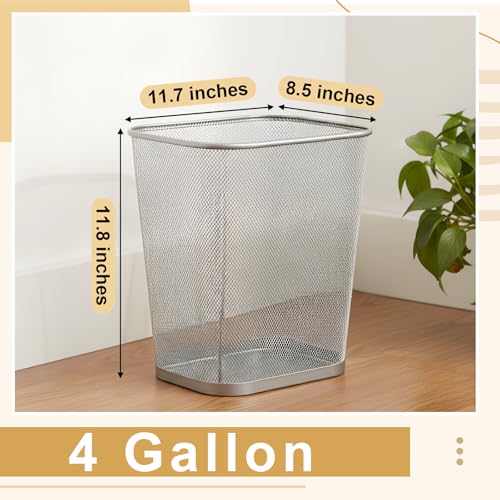 Image of Nuanchu 1 Pcs Mesh Square Trash Cans 4 Gallons Wire Wastebasket for Home Black Metal Office Garbage Cans Rectangular Open Top Trash Bin for Kitchen Bathroom Bedroom, 11.7 x 8.5 x 11.8 Inch (Silver)