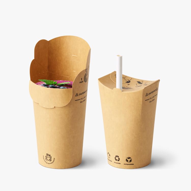 The Good Cup 12oz Disposable Kraft Cup/Paper Straw Bundle. Pk 25/50. Certified Home compostable and Recyclable in The Paper Stream with Integrated lid. Made from FSC Paperboard, No PE/PLA Lining (25)