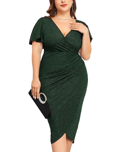 Image of ZOMVA Plus Size 0X-4X Sparkly Glitter Ruched Bodycon Midi Dress Sparkle Sequin Wrap Ruffle Sleeve Dress Cocktail Party Formal