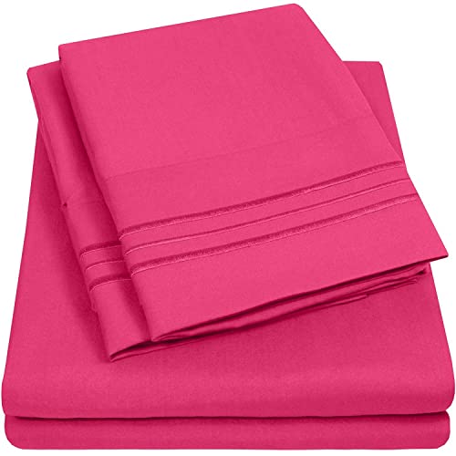 Split King Size Size Sheet Set with Built-in Sheet Straps - Deep Pocket Fitted Sheet, Flat Sheet & Pillowcases - Soft, Wrinkle-Free, Secure Fit - Fuschia