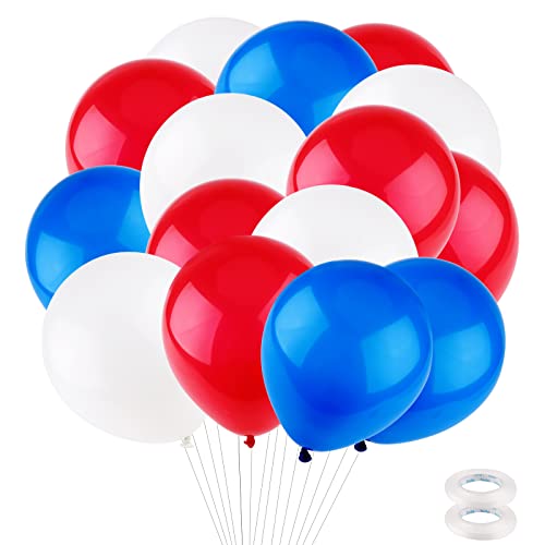 60 Pieces Ballons Bleu Blanc Rouge 10 Pouces Ballons Latex Ballon Anniversaire Gonflable Bleu avec ruban Ballon Helium pour Garcon Célébrations Mariage Deco...