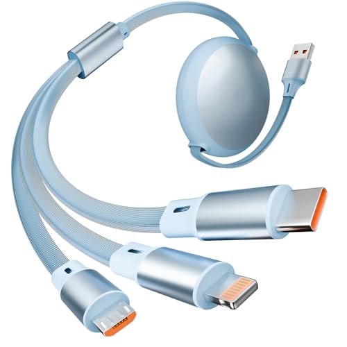 Multi Charging Cable,1Pack 4Ft Retractable Multi Charger Cable,3 in 1 Multiple Charging Cord, 3 in 1 Multi USB Cable with iPhone/Type-C/Micro USB Ports for Cell Phones/IP/Galaxy/PS/Tablets/iPads,Blue