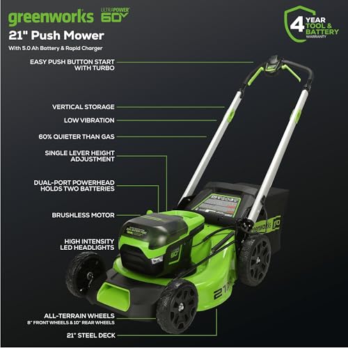 Image of Greenworks 60V 21 inch Brushless (Push) Cordless Lawn Mower, 5.0Ah Battery + Bonus 4.0Ah Battery (1 /2 Acre, Rapid Charger, 4-in-1, LED Lights, IPX4)