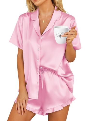 Image of HOTOUCH Womens Satin Pajamas Set Button Down 2 Piece Silk Pjs Shorts Set Ruffle Lingerie Notch Collar Sleepwear