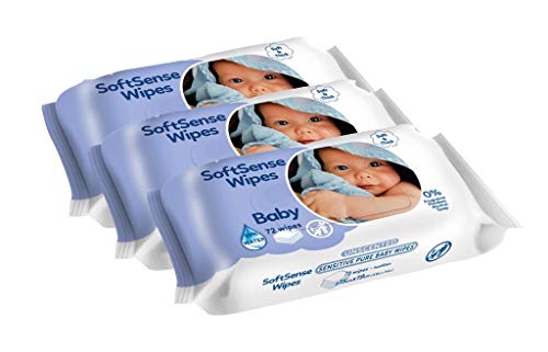SoftSense sensitive baby wipes-99 percent water-Unscented-plant based-hypoallergenic and fragrance free-soft thick and durable wet wipes (3 Pack)
