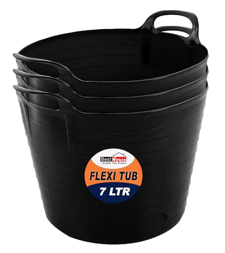 Best House | 3 Pcs of Flexi Tub with Handles | Small Size | Mini | 7 Litres | Black | Garden Tubs | Plastic Storage Container for Home Washing Garden Waste and DIY Projects