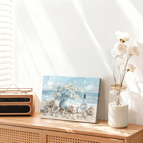 Alptiny Gerahmtes Wandbild 30×40 cm Strand Muscheln Blumen Leinwandbild für Wohnzimmer Schlafzimmer Küche Büro Vintage Wandbild mit Haken Nägeln und magischer Klettbefestigung sofort aufhängbar