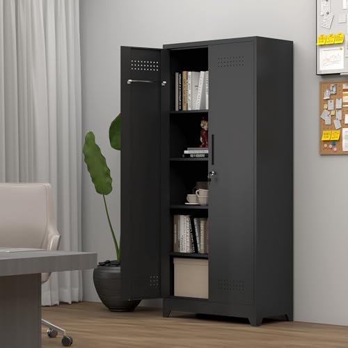 Image of Metal Locking Cabinet, 72.8 inch Tall Storage Cabinet for Broom, Garage Storage Cabinet with Doors and Shelves, Heavy Duty Tool Cabinet for Home Office, School, Basement,Gym
