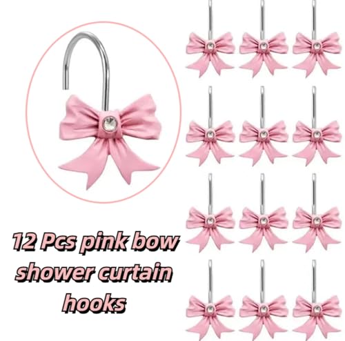 12 Pcs Bow Pink Shower Curtain Hooks,3.15in*1.57in,Suitable for Straight or Curved Rod of 22-30mm (0.8"-1.1") Diameter,Stylish and DurableStainless Steel Pink Bow Shower Curtain Hooks