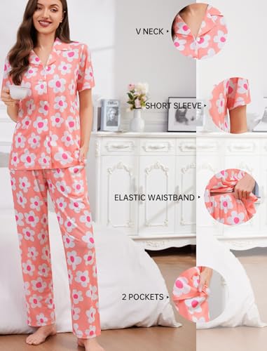 Image of SWOMOG Women Pajama Sets Two-Piece Nightwear Short Sleeve Sleepwear Button Down Pj Lounge Sets with Long Pants
