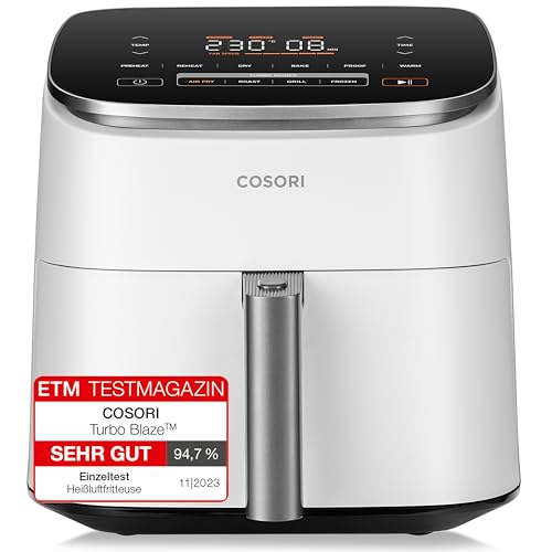 Cosori Turboblaze Heißluftfritteuse Airfryer, 9-in-1 Air Fryer XXL 6L, leiser DC Motor mit 5 Geschwindigkeitsstufen, Grillen, Backen, Gären, Dehydrieren, 87 Rezepte, 64% energiesparend, Weiß